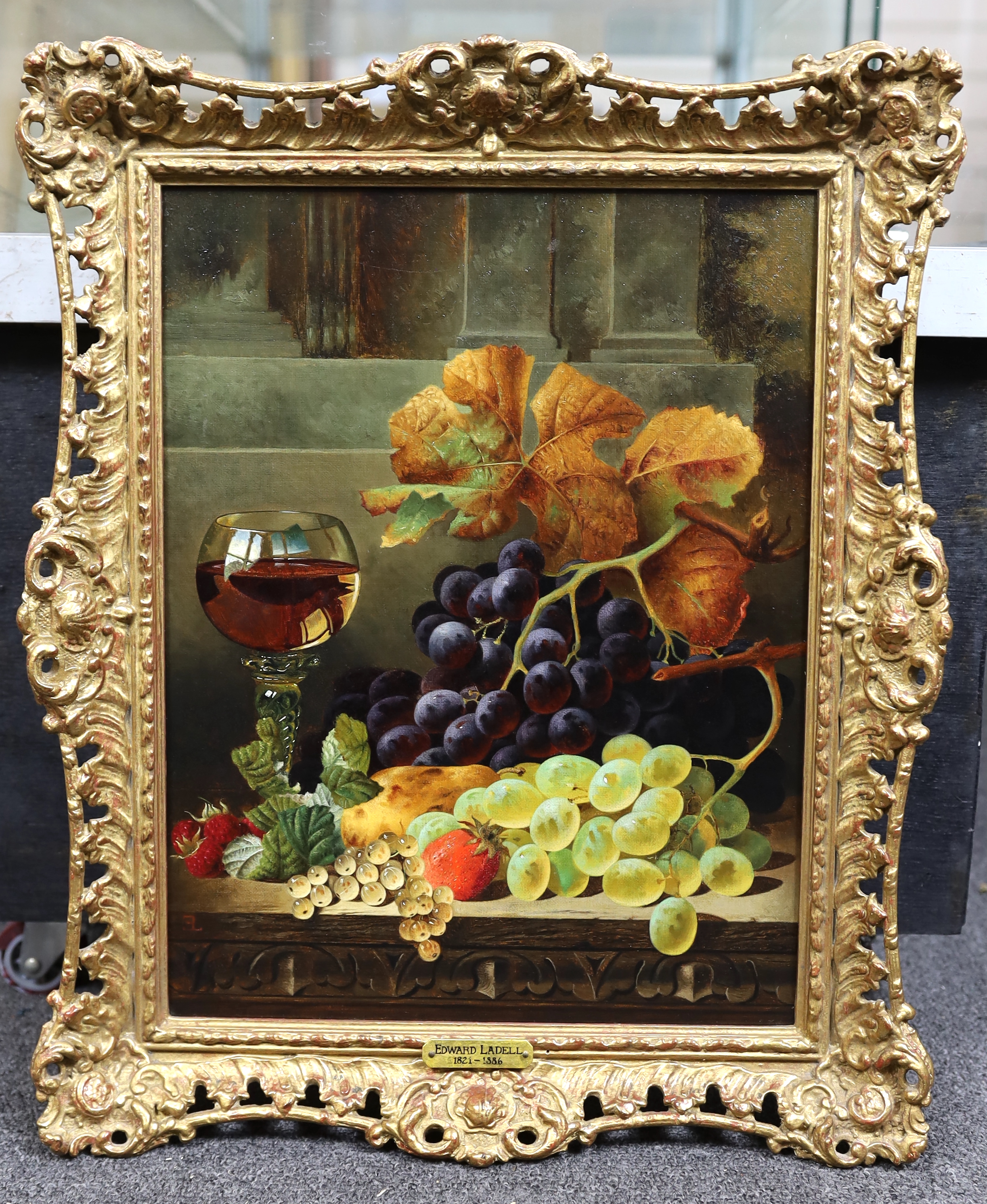 Edwin Ladell (English, 1821-1886), Still life with a Dutch roemer, grapes, a strawberry and raspberries, oil on canvas, 38 x 29cm, Please note this lot attracts an additional import tax of 5% on the hammer price